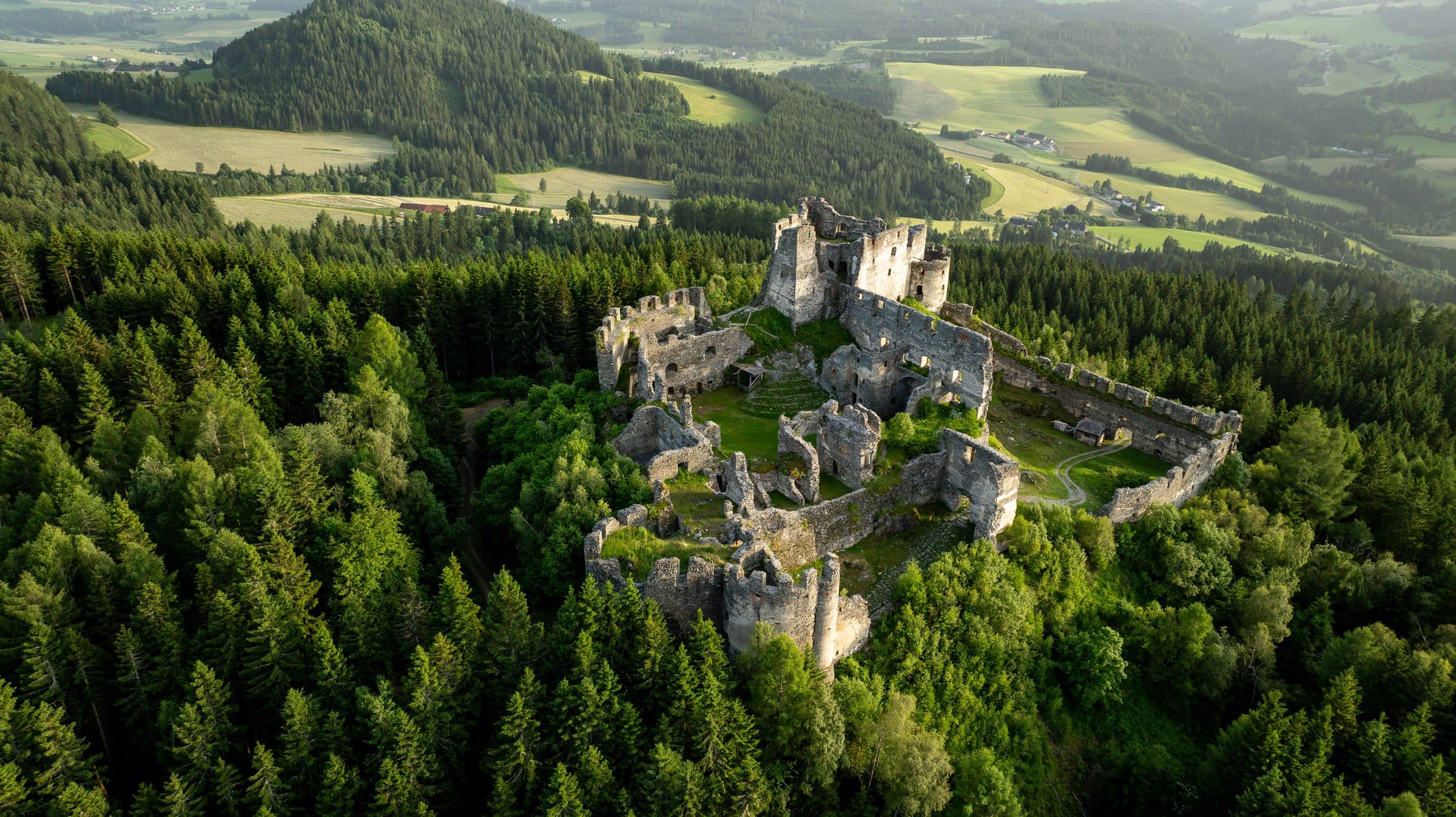 Culture, aerial view of the Steinschloss ruins in summer