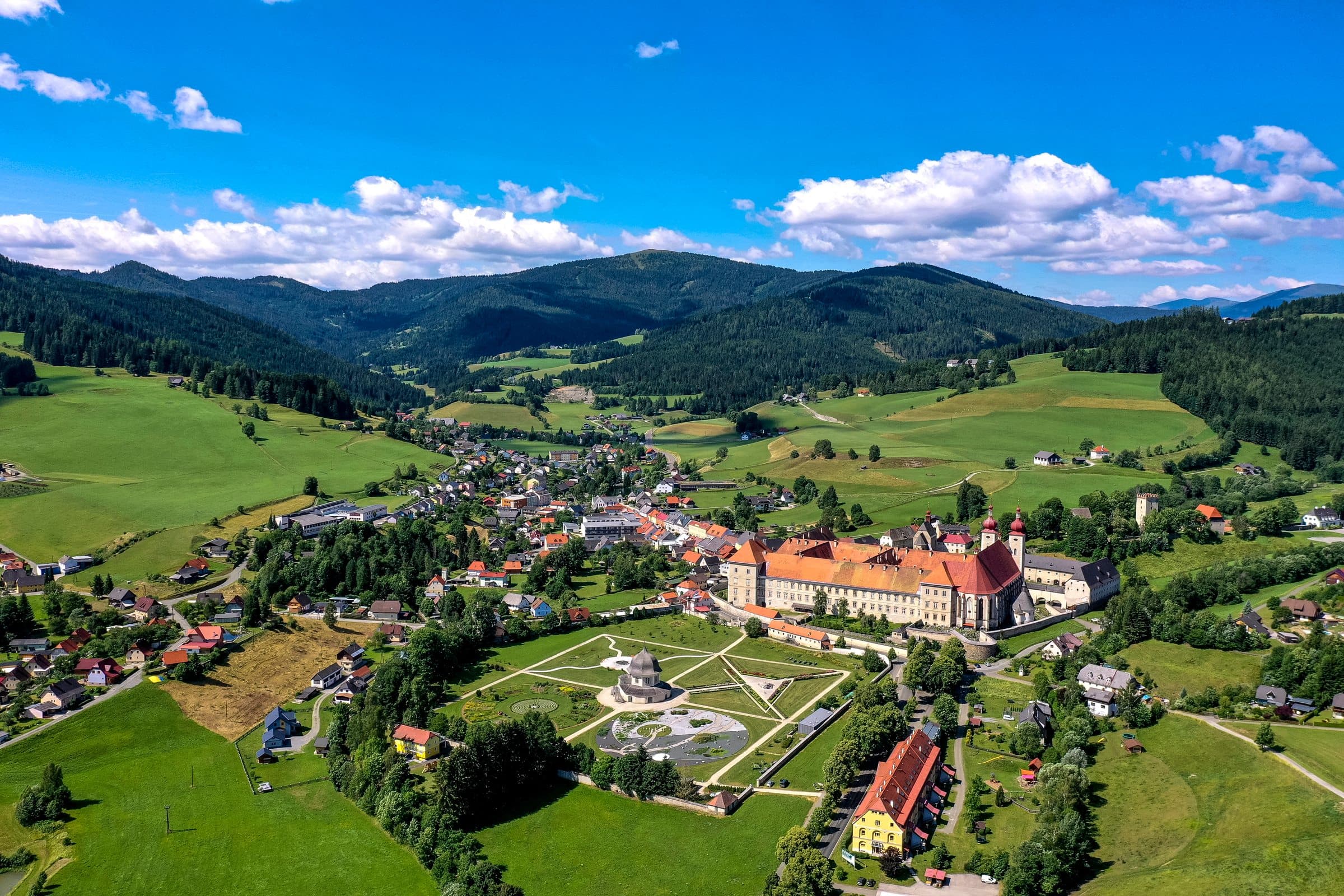 Culture, aerial view of St Lambrecht Abbey